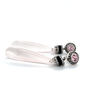 18kt White Gold Pink Tourmaline, Rose Quartz, Onyx + Diamond Chandelier Earrings