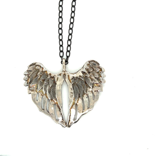 Sterling Silver Large Angel Wings Heart Shaped Charm