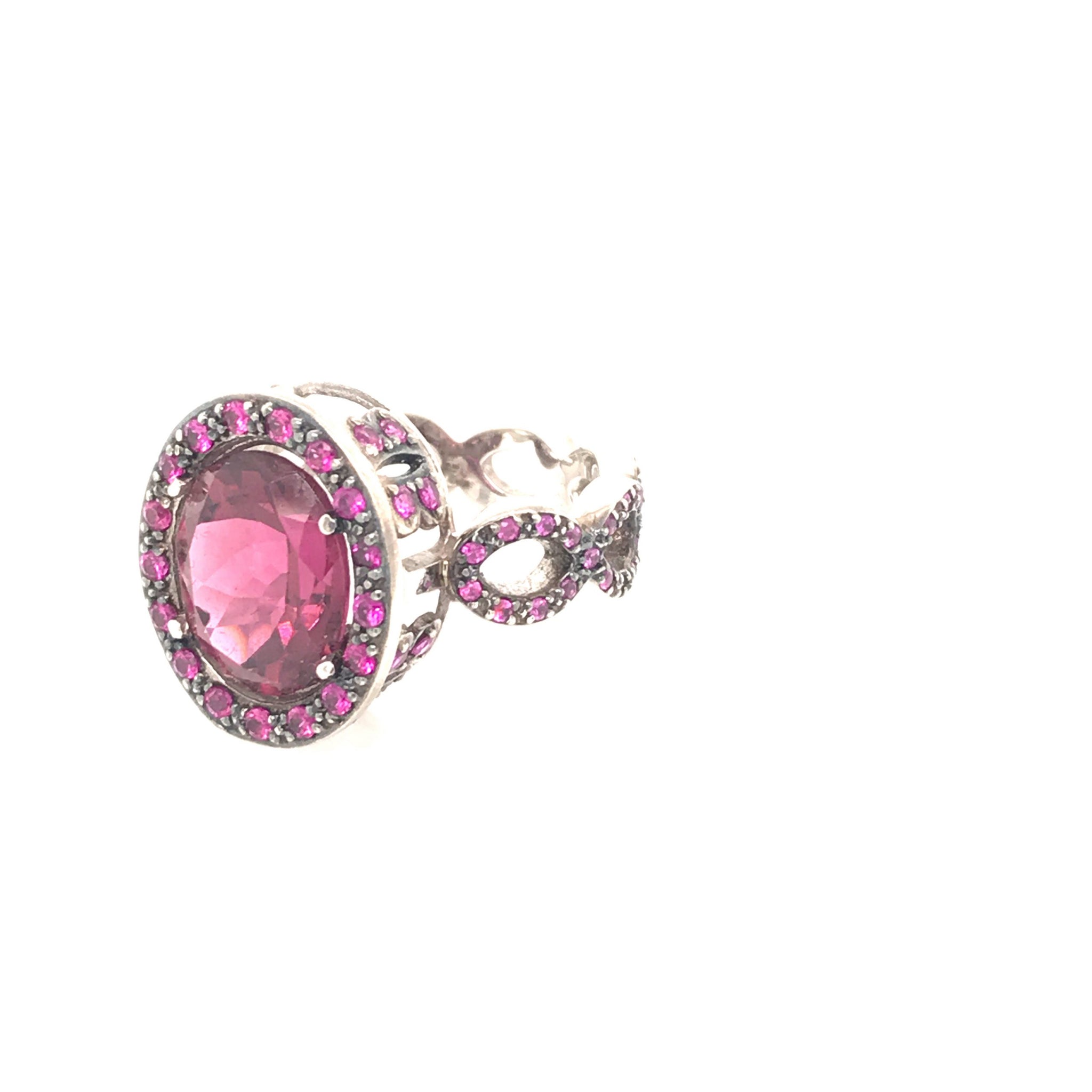 Oval Pink Tourmaline w Pave' Pink Sapphire Cocktail Ring