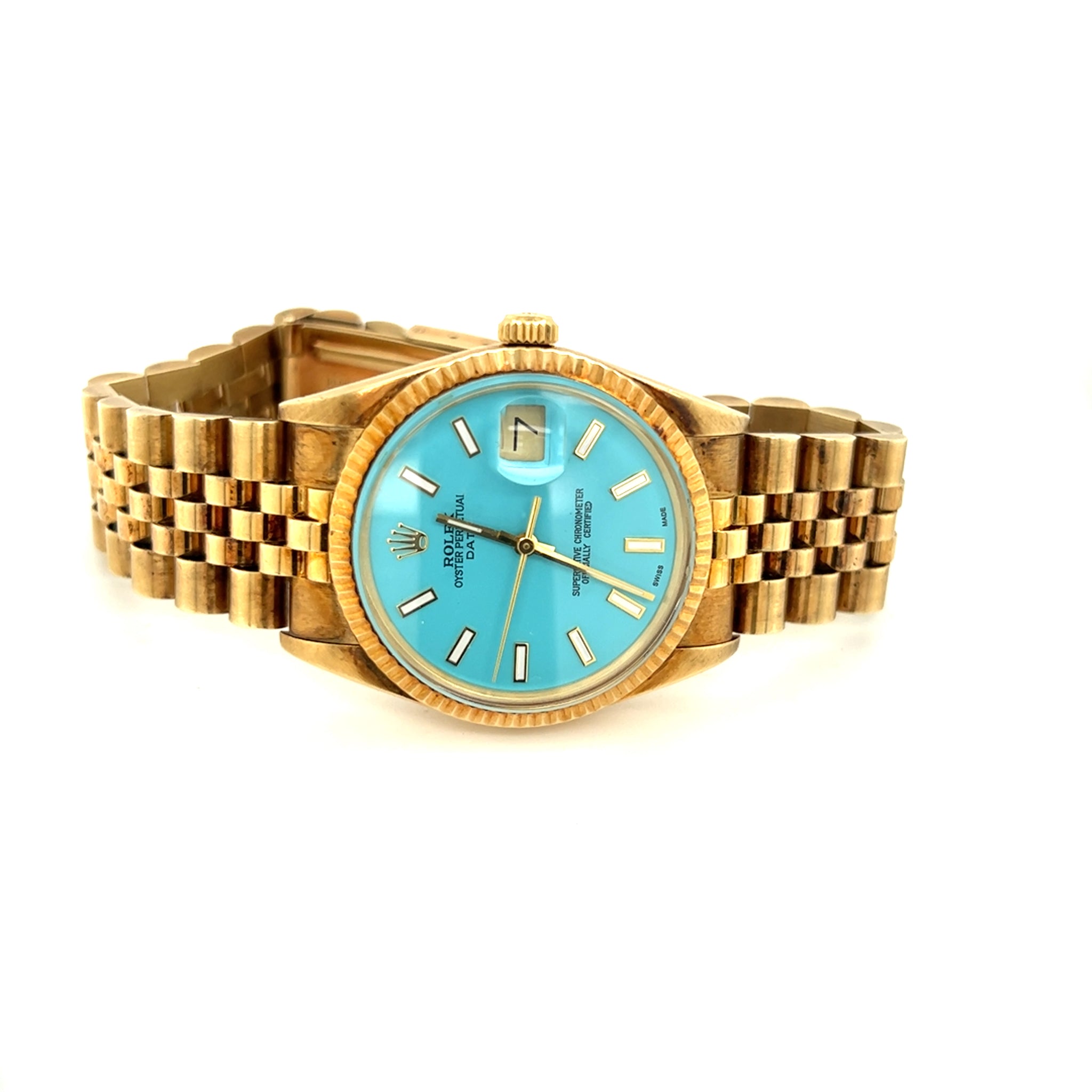 NOS 1987 14kt Gold Rolex Date ref 15037 Turquoise