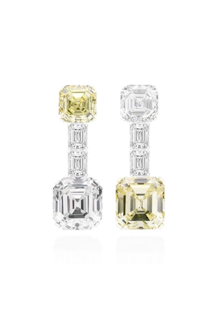 Important 32 carat Emerald-cut Fancy Yellow + White Diamond Earrings