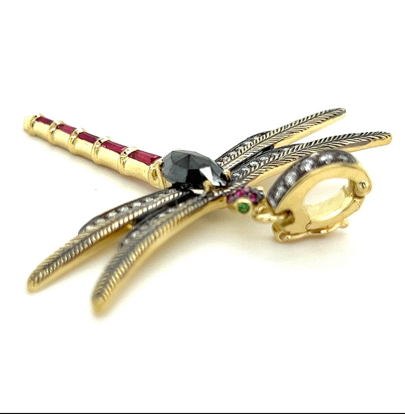 Black Diamond Dragonfly Charm in 18kt Green Gold