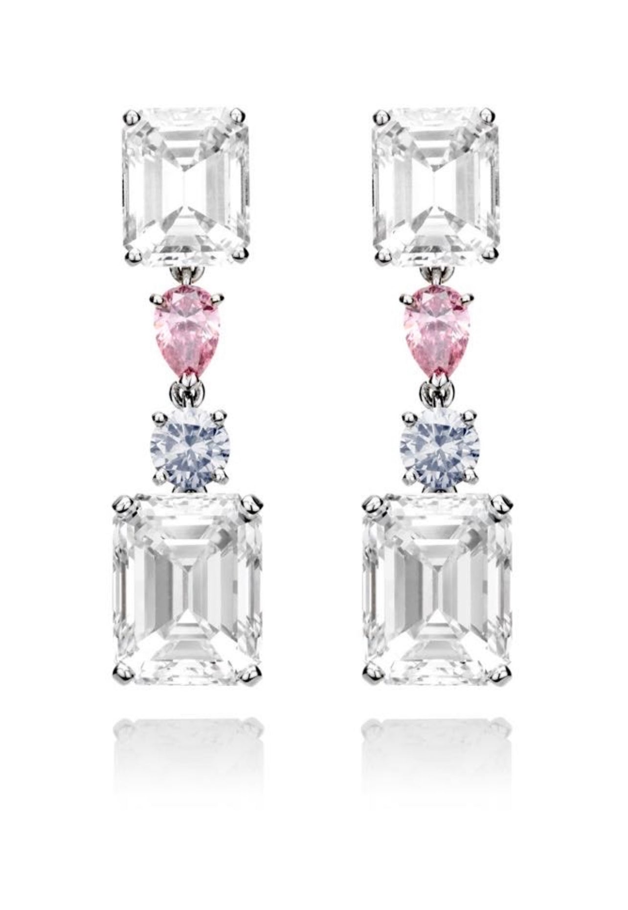 Important 25 carat Emerald-cut, Pink + Blue Diamond Earrings
