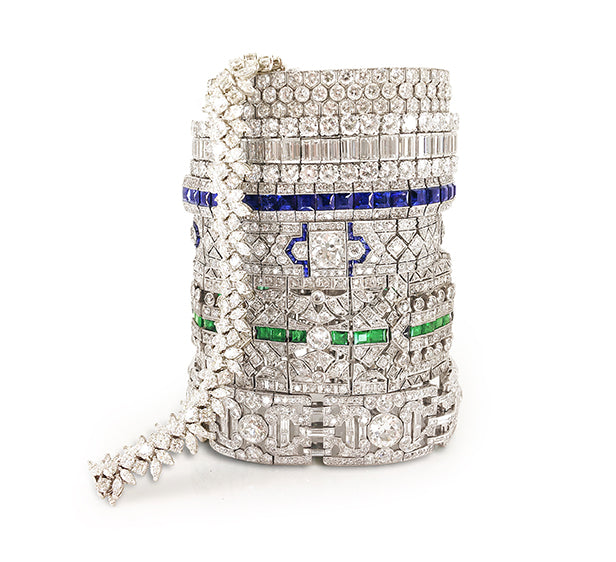 Art Deco Emerald and Diamond Wide Bracelet