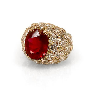 7.94. Center Thai Red Ruby Cocktail Ring in 18kt Gold