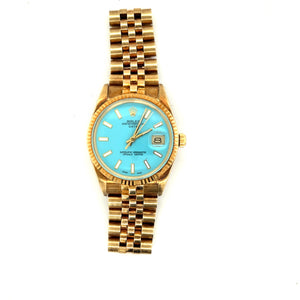 NOS 1987 14kt Gold Rolex Date ref 15037 Turquoise