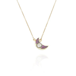 18kt gold Diamond and Ruby medium Crescent Moon Necklace