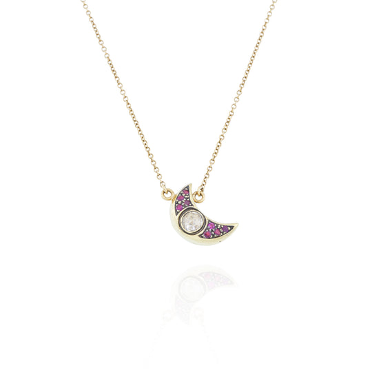 18kt Gold Diamond and Ruby Medium Crescent Moon Necklace