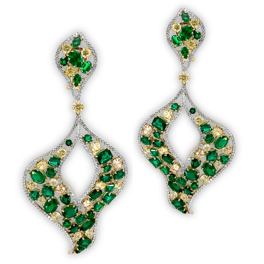 Important Emerald + Fancy Yellow and White Diamond Earrings