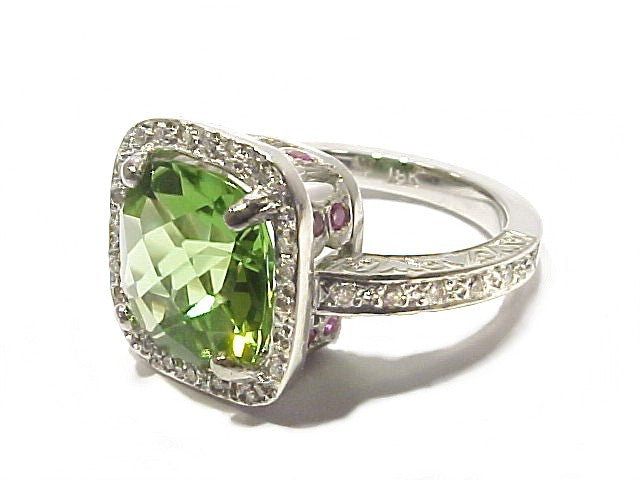 Cushion-shaped Peridot Pave' Diamond & Pink Sapphire Ring