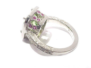 Cushion-Shaped Peridot Pavé Diamond + Pink Sapphire Ring