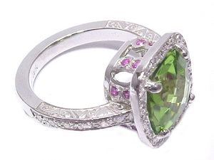 Cushion-Shaped Peridot Pavé Diamond + Pink Sapphire Ring