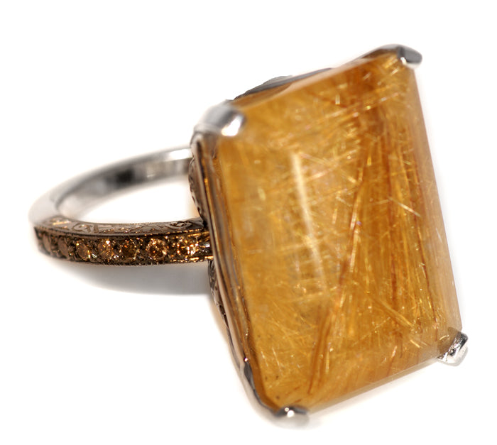 4 Prong Pavé Cocktail Ring with Center Emerald-Cut Rutilated Quartz