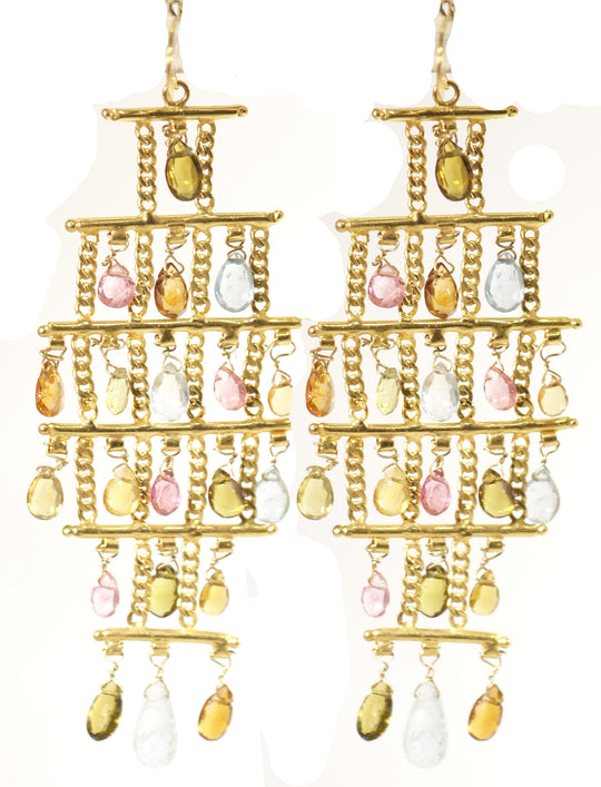Tiered 18kt Multi tourmaline & Aqua Chandeleir