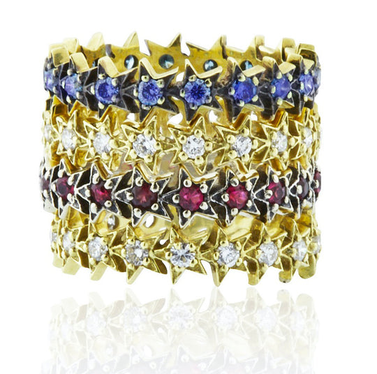 18kt Gold Stackable Pavé Ruby and Sapphire Star Eternity Band